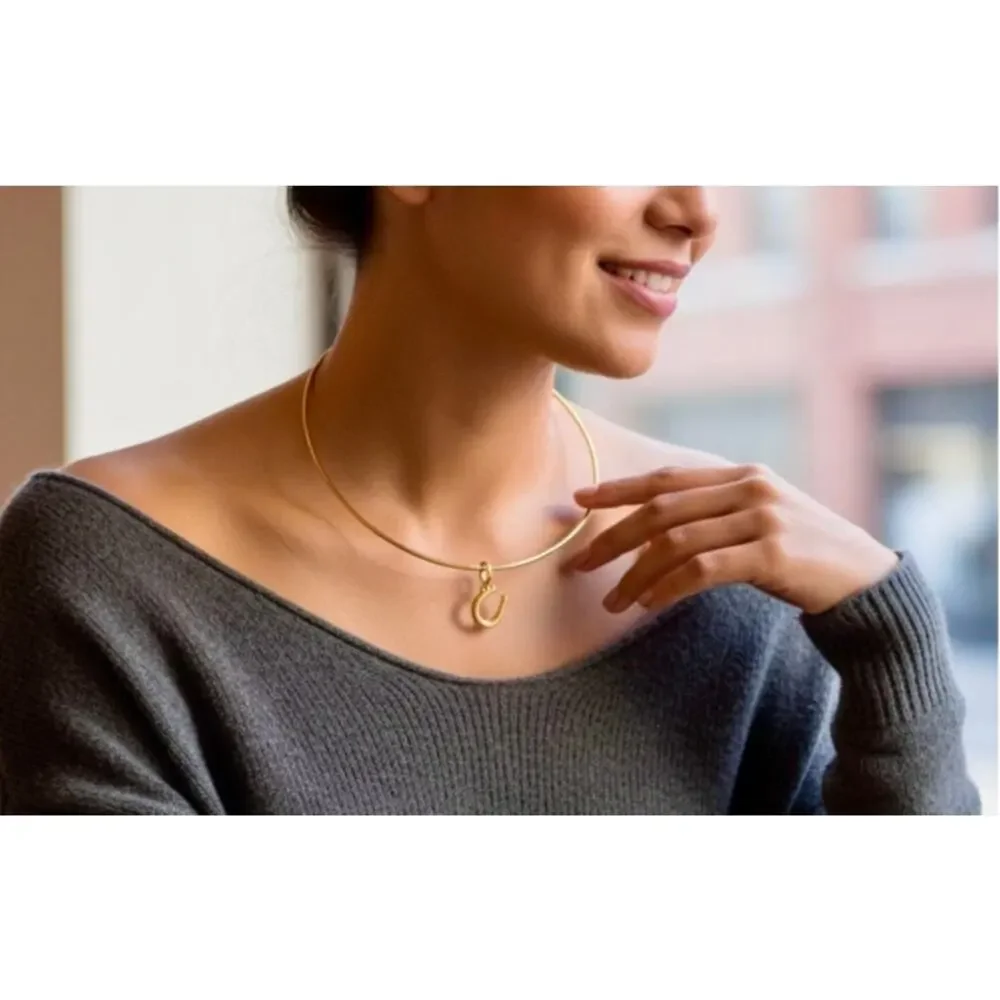 Madewell Horse Shoe Charm Wire Choker Necklace Antique Gold One Size NWT - Picture 2 of 10